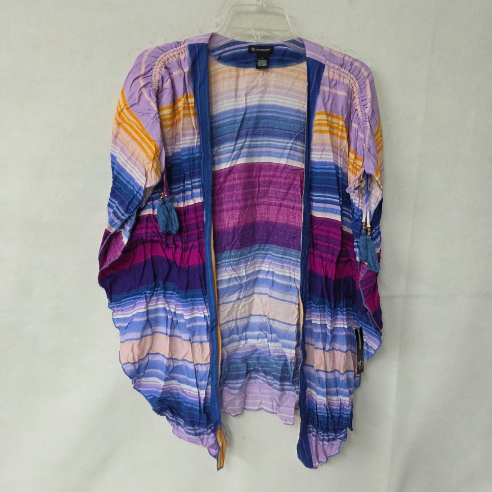 New Directions Women's Size L Striped Kimono Cardigan Blue Purple Orange Tassels - Picture 1 of 8
